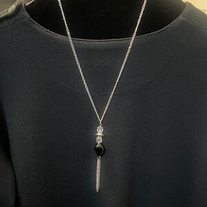 Silver-Tone Black Bead Pendant Necklace with Tassel